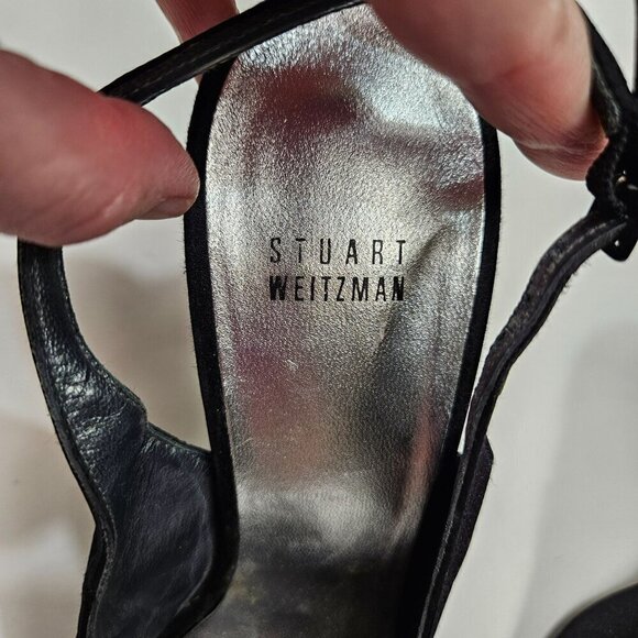 Stuart Weitzman Black Satin Beaded Rosette Peep Toe Slingback Heels Size 10 - Picture 5 of 12